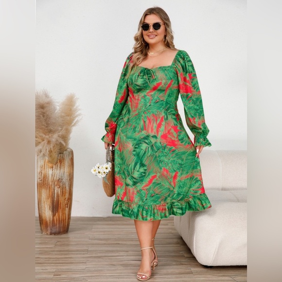 Plus Size Ruffled Square Neck Flounce Sleeve Dress - Picture 1 of 3
